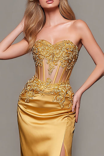 Gold Satin Schatz Meerjungfrau Maxi Korsett Formelle Kleid mit Applikationen