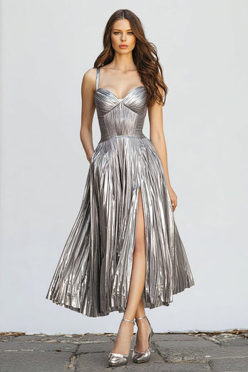 Glitter Silber A Linie Metallic Plissee Maxi Formelle Kleid