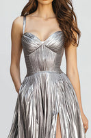Laden Sie das Bild in den Galerie-Viewer, Glitter Silber A Linie Metallic Plissee Maxi Formelle Kleid