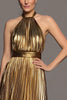 Laden Sie das Bild in den Galerie-Viewer, Glitter Gold A Linie Metallic Plissee Neckholder Maxi Formelle Kleid