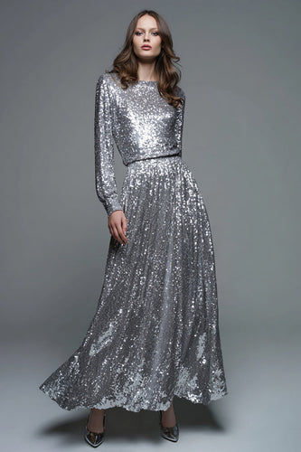 Glitter Silber A Linie Pailletten Maxi Formelle Kleid mit Ärmel