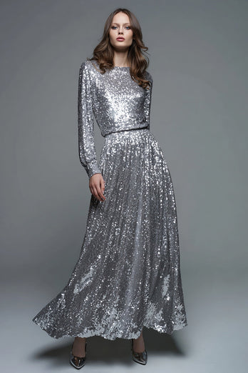Glitter Silber A Linie Pailletten Maxi Formelle Kleid mit Ärmel