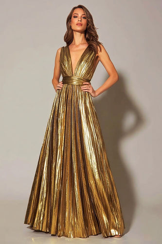 Glitter Gold Metallic Plissee A Linie V Ausschnitt Maxi Formelle Kleid