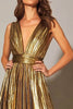 Laden Sie das Bild in den Galerie-Viewer, Glitter Gold Metallic Plissee A Linie V Ausschnitt Maxi Formelle Kleid