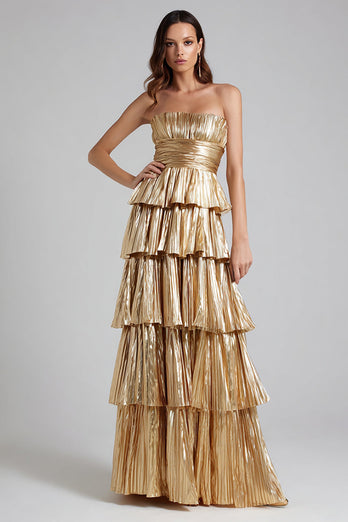 Glitter Gold Metallic Plissee A Linie Ruffled Maxi Formelle Kleid