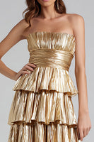 Laden Sie das Bild in den Galerie-Viewer, Glitter Gold Metallic Plissee A Linie Ruffled Maxi Formelle Kleid