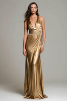 Laden Sie das Bild in den Galerie-Viewer, Glitter Gold Metallic Tiefer V Ausschnitt Geraffte Maxi Formelle Kleid
