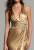Laden Sie das Bild in den Galerie-Viewer, Glitter Gold Metallic Tiefer V Ausschnitt Geraffte Maxi Formelle Kleid