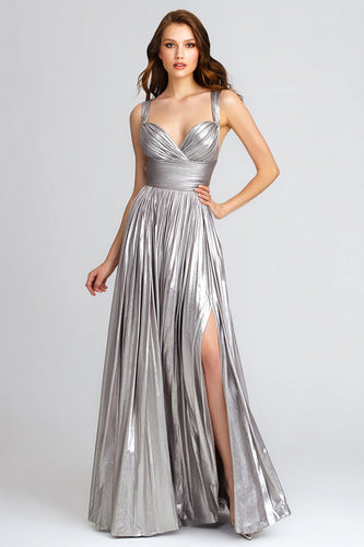 Glitter Silber A Linie Metallic Plissee Maxi Formelle Kleid mit Schlitz
