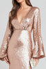 Laden Sie das Bild in den Galerie-Viewer, Glitter Rose Gold Pailletten V Ausschnitt Maxi Formelle Kleid mit Ärmel