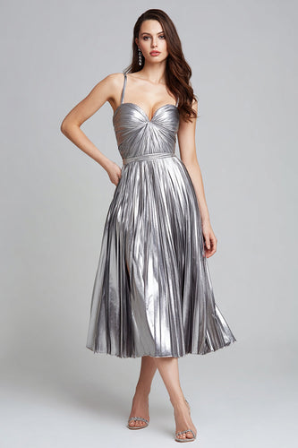 Glitter Silber Spaghettiträger Metallic Plissee A Linie Maxi Formelle Kleid