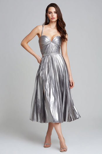 Glitter Silber Spaghettiträger Metallic Plissee A Linie Maxi Formelle Kleid