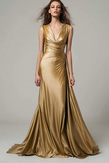 Glitter Gold V Ausschnitt Metallic Geraffte Meerjungfrau Maxi Formelle Kleid