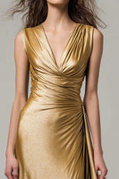 Laden Sie das Bild in den Galerie-Viewer, Glitter Gold V Ausschnitt Metallic Geraffte Meerjungfrau Maxi Formelle Kleid