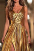 Laden Sie das Bild in den Galerie-Viewer, Glitzer Gold Metallic Plissiert V-Ausschnitt A-Linie Langes Formelle Kleid mit Schlitz