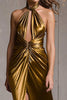Laden Sie das Bild in den Galerie-Viewer, Glitzer Gold Metallic Geraffte Neckholder Langes Formelle Kleid mit Schlitz