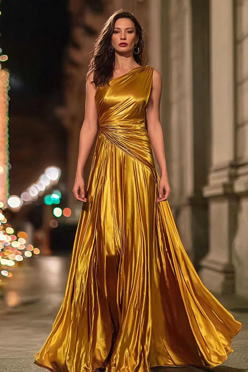 Glitzer Gold Metallic Geraffte Eine Schulter Langes Formelle Kleid