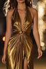 Laden Sie das Bild in den Galerie-Viewer, Glitzer Gold Neckholder Metallic Geraffte Langes Formelle Kleid mit Schlitz
