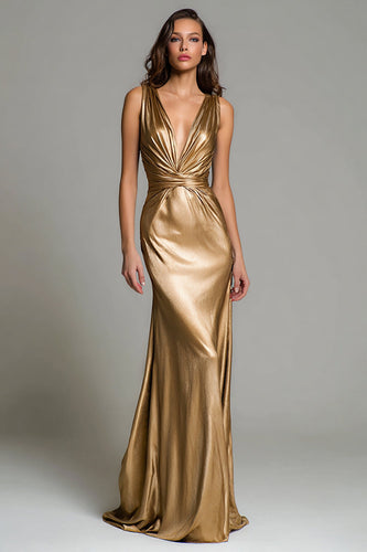 Glitzer Gold Tiefer V-Ausschnitt Metallic Langes Formelle Kleid