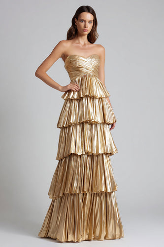 Glitzer Gold Herz-Ausschnitt Metallic Plissiert Rüschen Langes Formelle Kleid