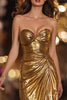 Laden Sie das Bild in den Galerie-Viewer, Glitzer Gold Metallic Geraffte Herz-Ausschnitt Langes Formelle Kleid mit Schlitz