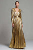 Laden Sie das Bild in den Galerie-Viewer, Glitzer Gold Metallic Plissiert V-Ausschnitt Langes Ärmel A-Linie Langes Formelle Kleid