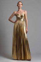 Laden Sie das Bild in den Galerie-Viewer, Glitzer Gold Metallic Plissiert Herz-Ausschnitt A-Linie Langes Formelle Kleid