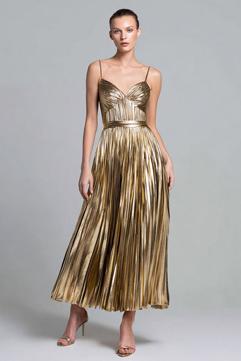 Glitzer Gold Spaghettiträger Metallic Plissiert A-Linie Langes Formelle Kleid