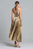 Laden Sie das Bild in den Galerie-Viewer, Glitzer Gold Spaghettiträger Metallic Plissiert A-Linie Langes Formelle Kleid