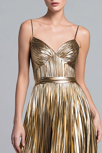 Glitzer Gold Spaghettiträger Metallic Plissiert A-Linie Langes Formelle Kleid