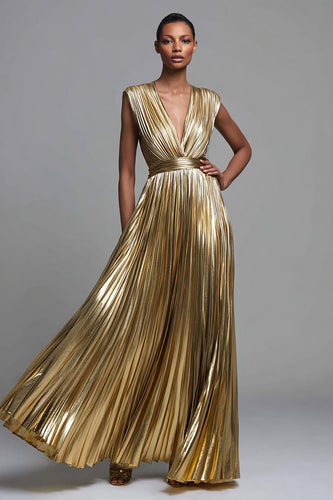 Glitzer Gold Tiefer V-Ausschnitt Metallic Plissiert A-Linie Langes Formelle Kleid