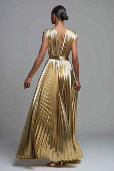 Glitzer Gold Tiefer V-Ausschnitt Metallic Plissiert A-Linie Langes Formelle Kleid
