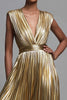 Laden Sie das Bild in den Galerie-Viewer, Glitzer Gold Tiefer V-Ausschnitt Metallic Plissiert A-Linie Langes Formelle Kleid