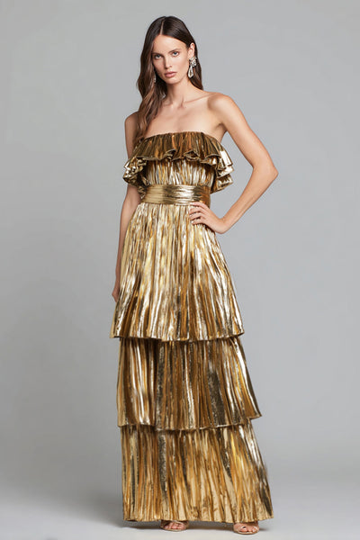 Glitzer Gold Metallic Plissiert Rüschen A-Linie Langes Formelle Kleid