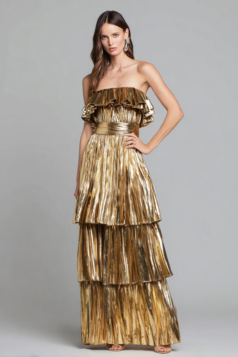 Laden Sie das Bild in den Galerie-Viewer, Glitzer Gold Metallic Plissiert Rüschen A-Linie Langes Formelle Kleid
