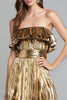 Laden Sie das Bild in den Galerie-Viewer, Glitzer Gold Metallic Plissiert Rüschen A-Linie Langes Formelle Kleid