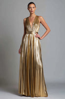 Laden Sie das Bild in den Galerie-Viewer, Glitzer Gold A-Linie Metallic Plissiert V-Ausschnitt Langes Formelle Kleid