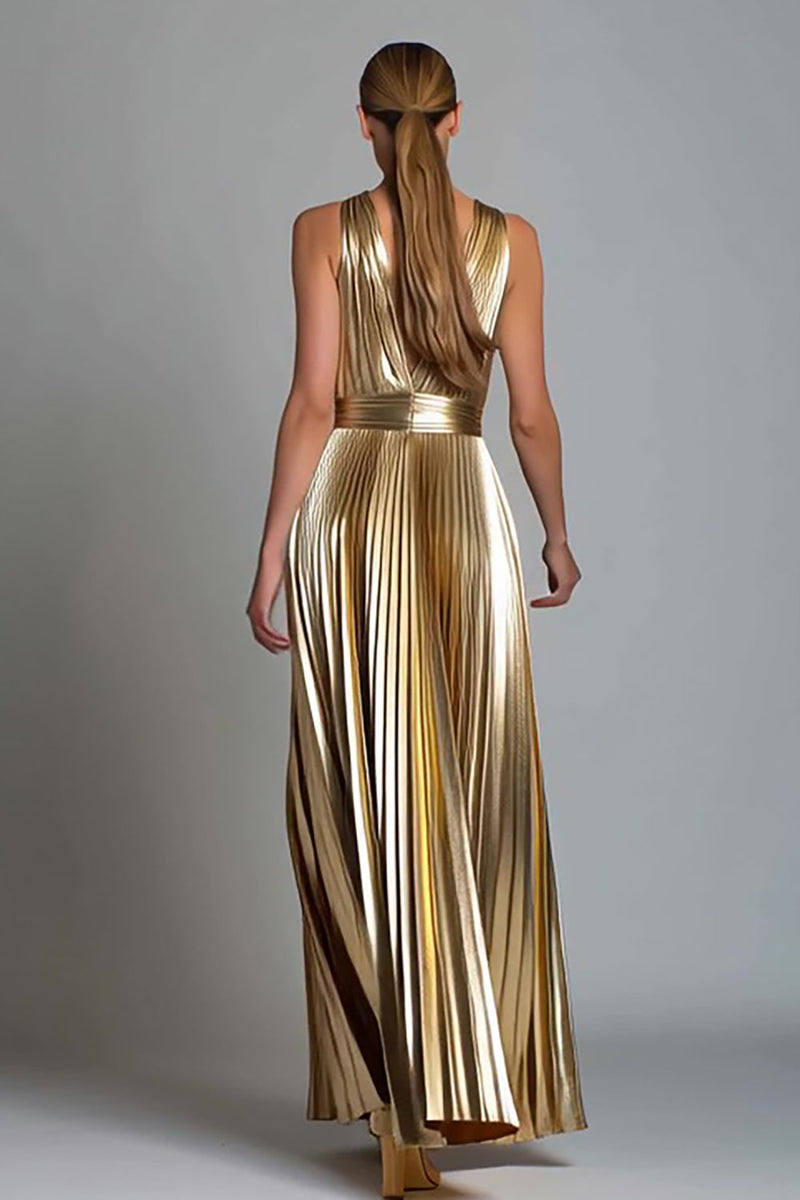 Laden Sie das Bild in den Galerie-Viewer, Glitzer Gold A-Linie Metallic Plissiert V-Ausschnitt Langes Formelle Kleid