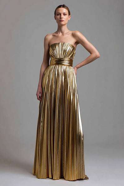 Glitzer Gold A-Linie Metallic Plissiert Trägerlos Langes Formelle Kleid
