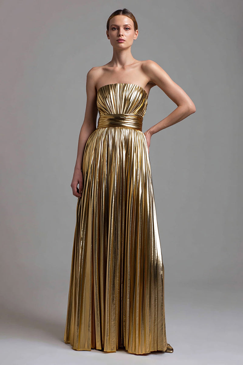 Laden Sie das Bild in den Galerie-Viewer, Glitzer Gold A-Linie Metallic Plissiert Trägerlos Langes Formelle Kleid
