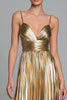 Laden Sie das Bild in den Galerie-Viewer, Glitzer Gold A-Linie Metallic Plissiert Spaghettiträger Langes Formelle Kleid