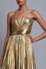 Laden Sie das Bild in den Galerie-Viewer, Glitzer Gold Trägerlos A-Linie Metallic Plissiert Langes Formelle Kleid