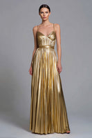 Laden Sie das Bild in den Galerie-Viewer, Glitzer Gold A-Linie Metallic Plissiert Langes Formelle Kleid