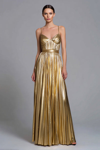 Glitzer Gold A-Linie Metallic Plissiert Langes Formelle Kleid