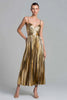 Laden Sie das Bild in den Galerie-Viewer, Glitzer Gold Metallic Plissiert A-Linie Knöchellänge Formelle Kleid
