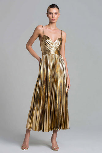 Glitzer Gold Metallic Plissiert A-Linie Knöchellänge Formelle Kleid