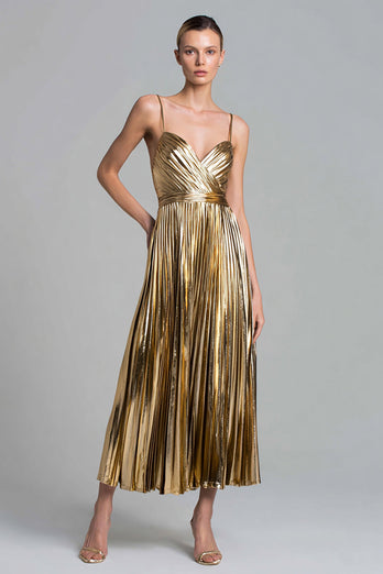Glitzer Gold Metallic Plissiert A-Linie Knöchellänge Formelle Kleid