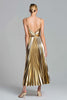 Laden Sie das Bild in den Galerie-Viewer, Glitzer Gold Metallic Plissiert A-Linie Knöchellänge Formelle Kleid