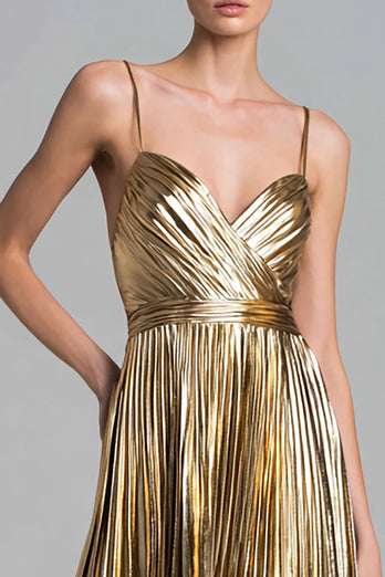 Glitzer Gold Metallic Plissiert A-Linie Knöchellänge Formelle Kleid