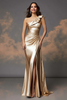 Laden Sie das Bild in den Galerie-Viewer, Glitzer Gold Eine Schulter Rüschen Ballkleid mit Schlitz